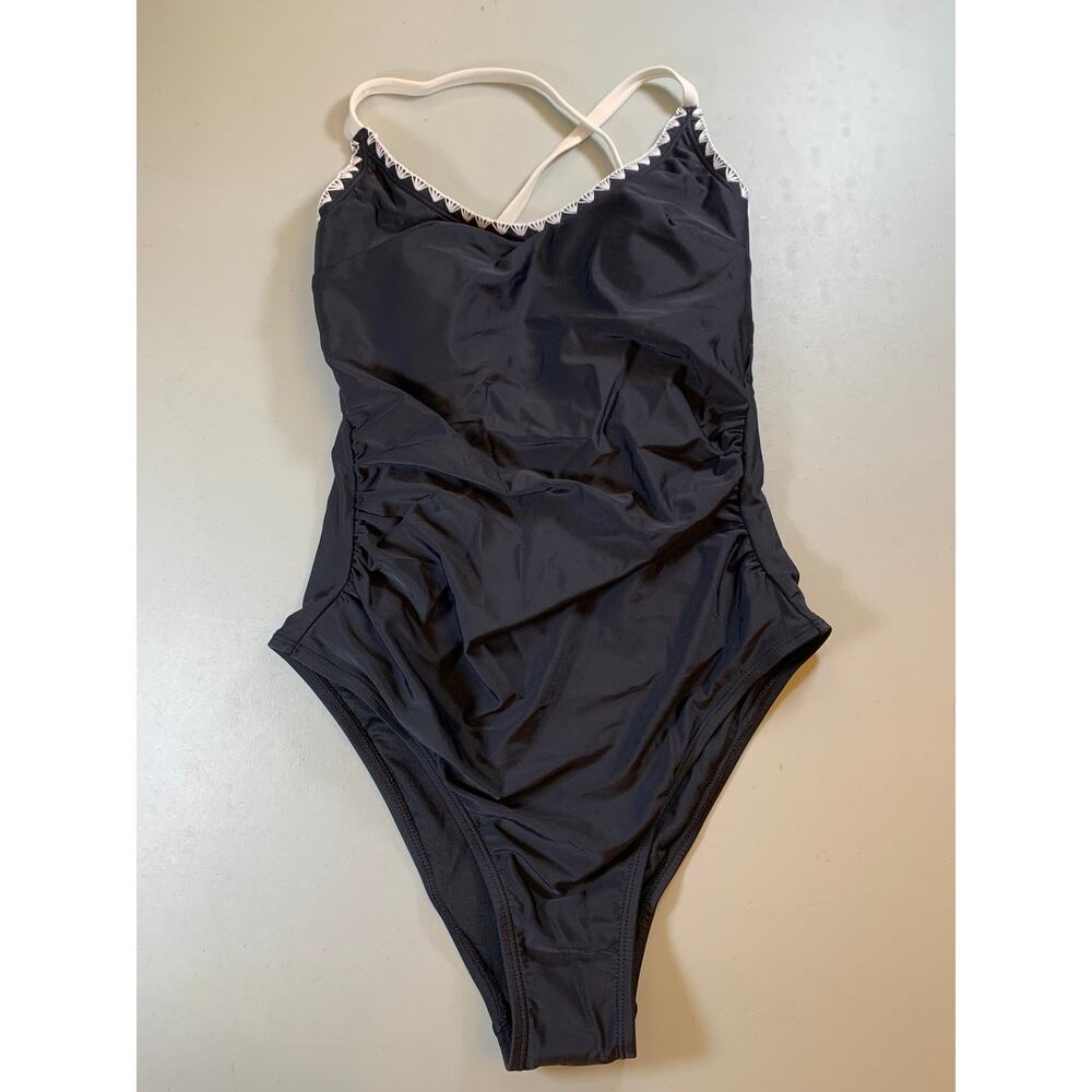 NWT Cupshe Black One‎ Piece with White Scalloped Trim Bathing Suit Size Small